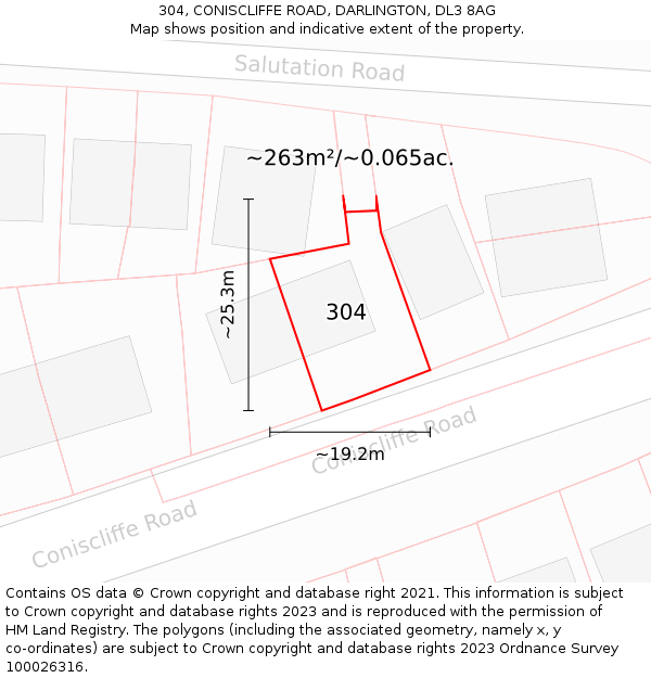 304, CONISCLIFFE ROAD, DARLINGTON, DL3 8AG: Plot and title map