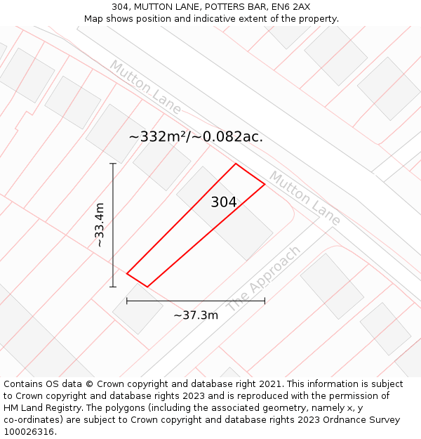 304, MUTTON LANE, POTTERS BAR, EN6 2AX: Plot and title map