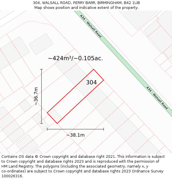 304, WALSALL ROAD, PERRY BARR, BIRMINGHAM, B42 1UB: Plot and title map