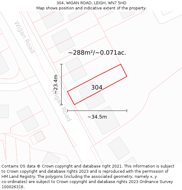 304, WIGAN ROAD, LEIGH, WN7 5HD: Plot and title map