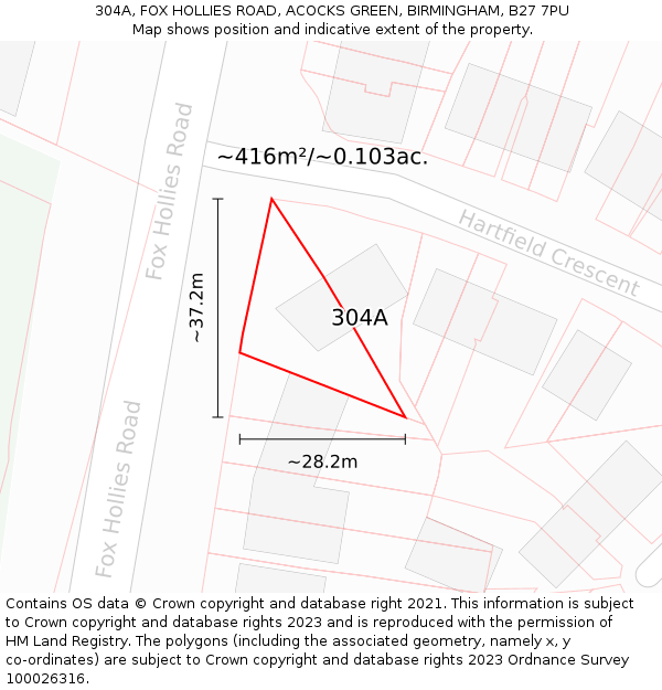 304A, FOX HOLLIES ROAD, ACOCKS GREEN, BIRMINGHAM, B27 7PU: Plot and title map