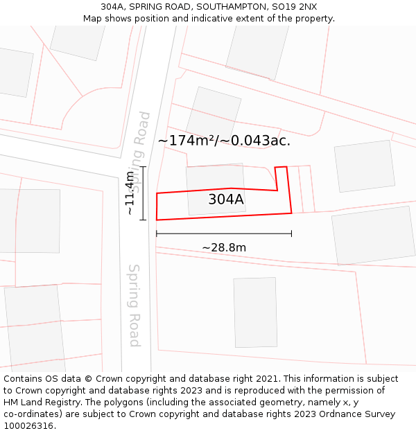 304A, SPRING ROAD, SOUTHAMPTON, SO19 2NX: Plot and title map