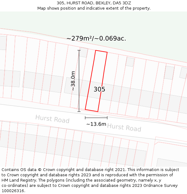 305, HURST ROAD, BEXLEY, DA5 3DZ: Plot and title map