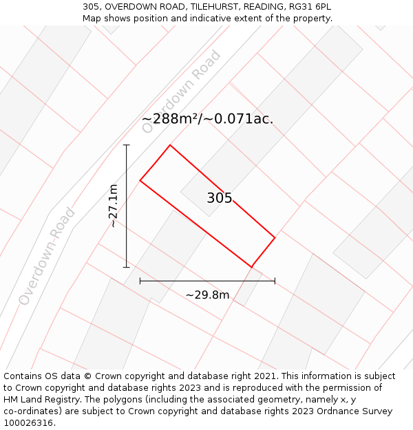 305, OVERDOWN ROAD, TILEHURST, READING, RG31 6PL: Plot and title map