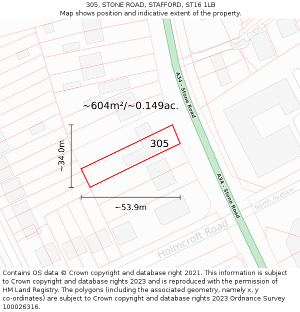 305, STONE ROAD, STAFFORD, ST16 1LB: Plot and title map