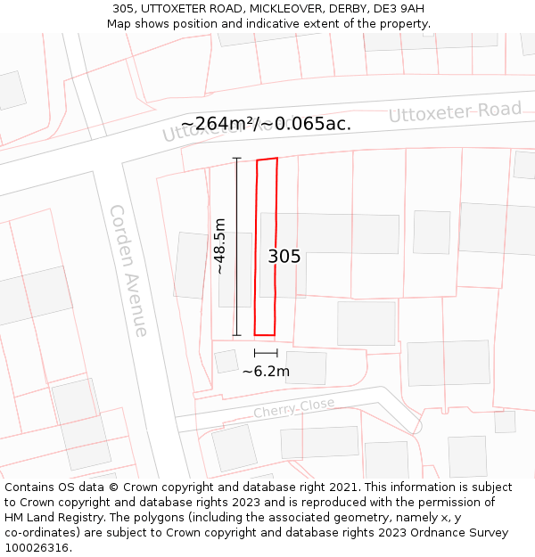 305, UTTOXETER ROAD, MICKLEOVER, DERBY, DE3 9AH: Plot and title map