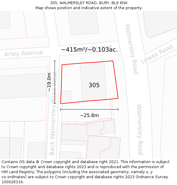 305, WALMERSLEY ROAD, BURY, BL9 6NX: Plot and title map