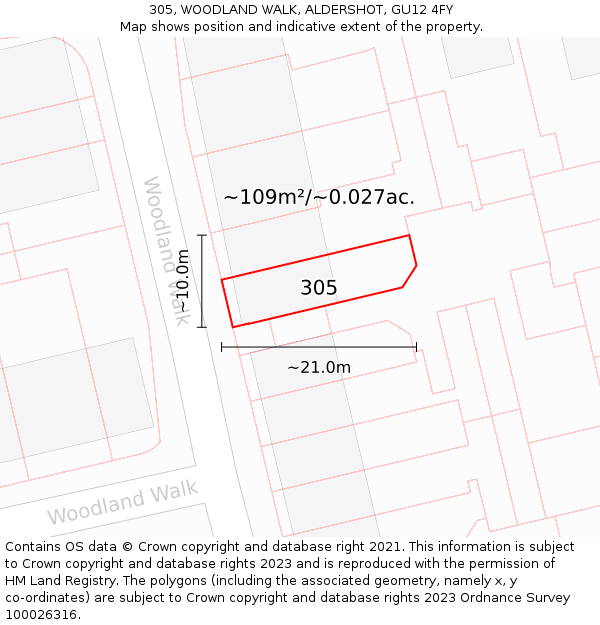 305, WOODLAND WALK, ALDERSHOT, GU12 4FY: Plot and title map