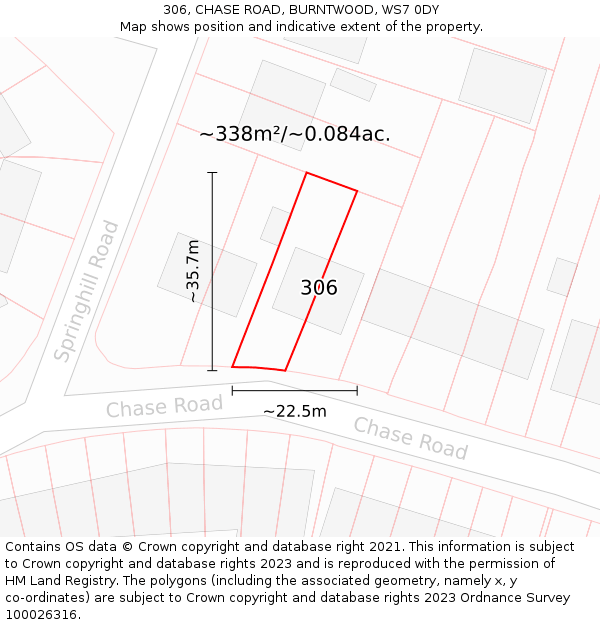 306, CHASE ROAD, BURNTWOOD, WS7 0DY: Plot and title map