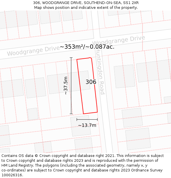 306, WOODGRANGE DRIVE, SOUTHEND-ON-SEA, SS1 2XR: Plot and title map