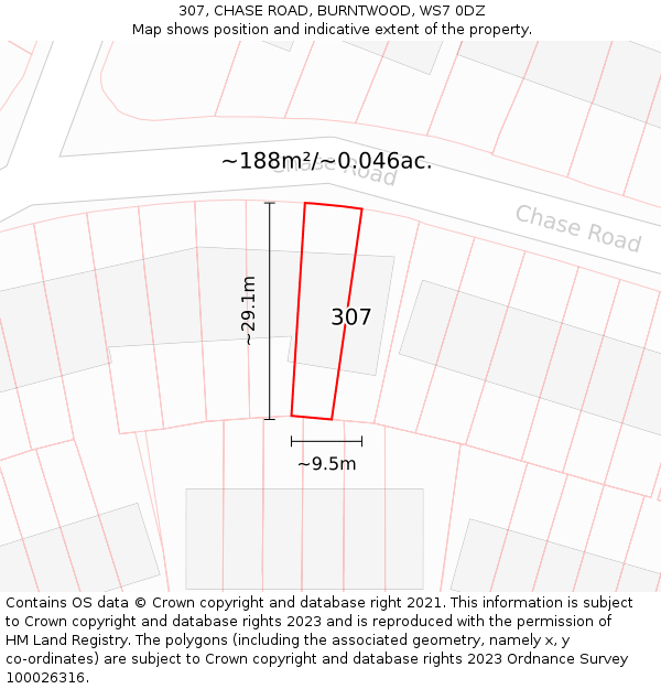 307, CHASE ROAD, BURNTWOOD, WS7 0DZ: Plot and title map