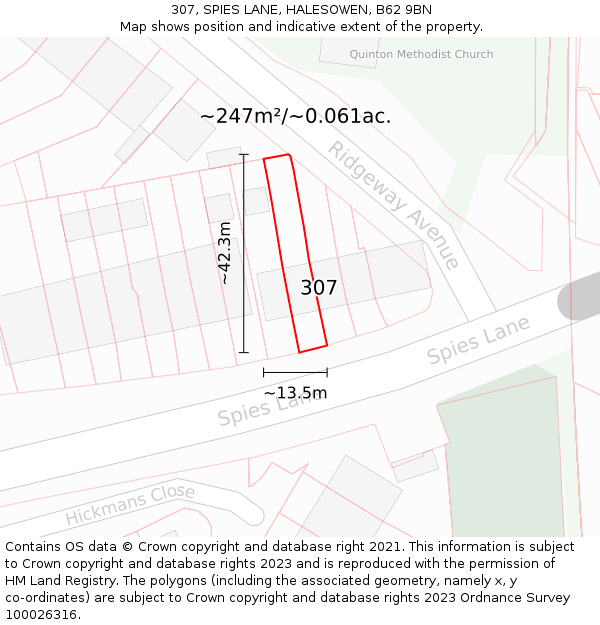 307, SPIES LANE, HALESOWEN, B62 9BN: Plot and title map