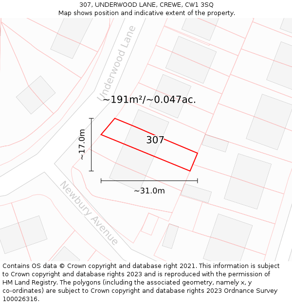 307, UNDERWOOD LANE, CREWE, CW1 3SQ: Plot and title map