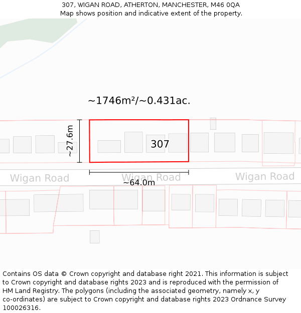 307, WIGAN ROAD, ATHERTON, MANCHESTER, M46 0QA: Plot and title map