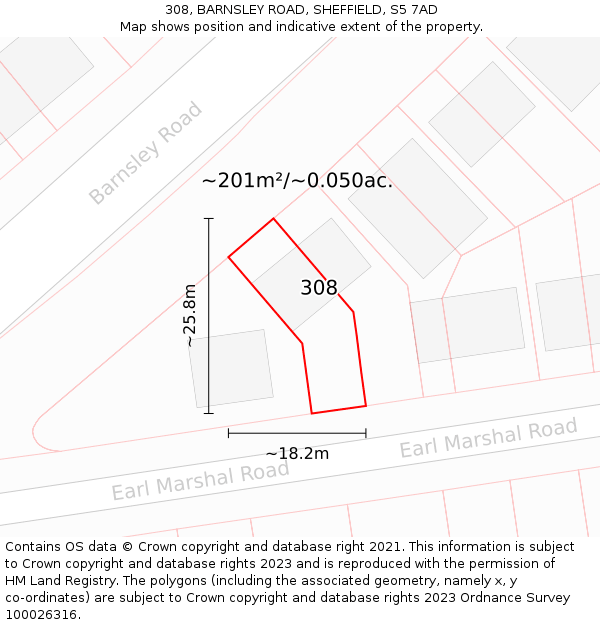 308, BARNSLEY ROAD, SHEFFIELD, S5 7AD: Plot and title map