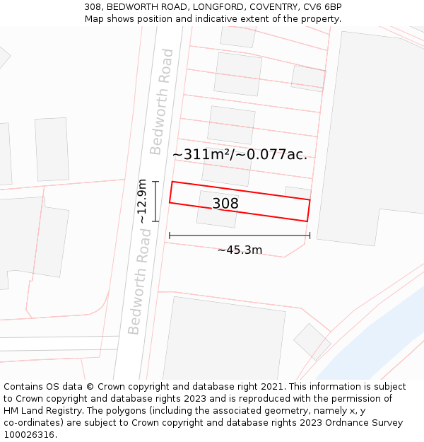 308, BEDWORTH ROAD, LONGFORD, COVENTRY, CV6 6BP: Plot and title map