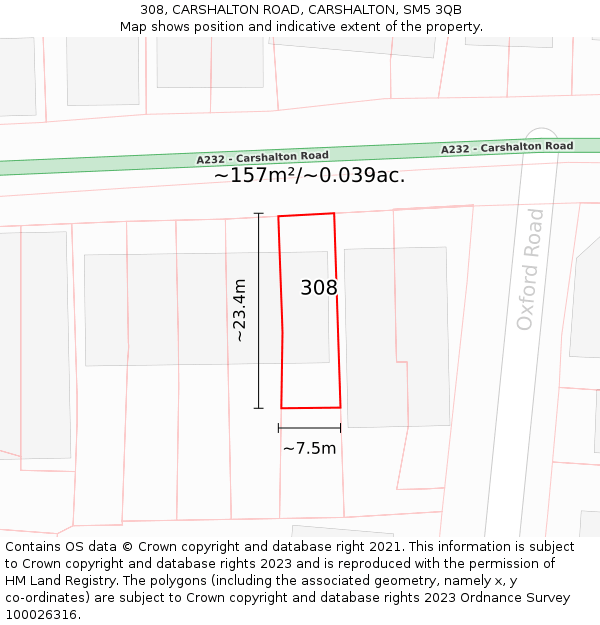 308, CARSHALTON ROAD, CARSHALTON, SM5 3QB: Plot and title map