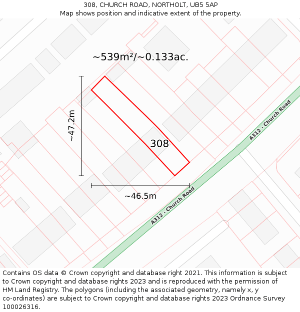 308, CHURCH ROAD, NORTHOLT, UB5 5AP: Plot and title map