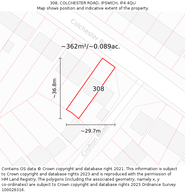 308, COLCHESTER ROAD, IPSWICH, IP4 4QU: Plot and title map