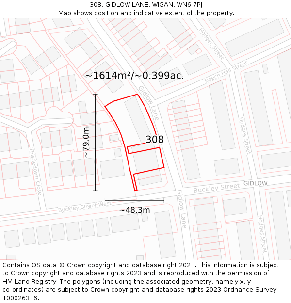 308, GIDLOW LANE, WIGAN, WN6 7PJ: Plot and title map