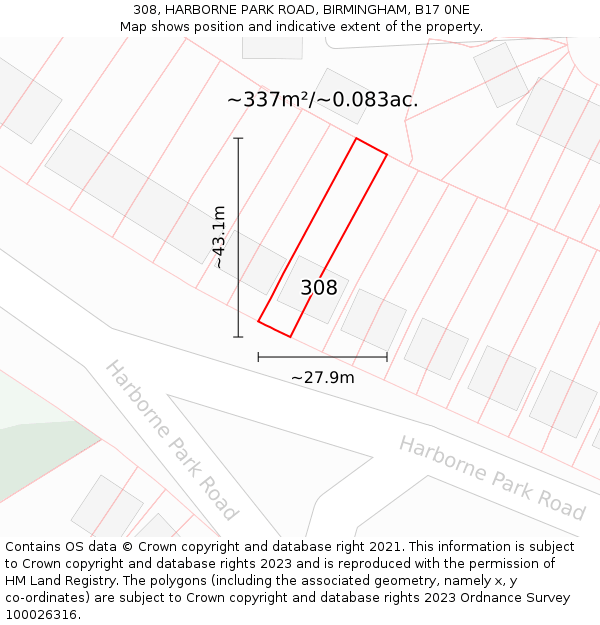 308, HARBORNE PARK ROAD, BIRMINGHAM, B17 0NE: Plot and title map