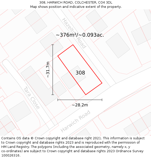 308, HARWICH ROAD, COLCHESTER, CO4 3DL: Plot and title map