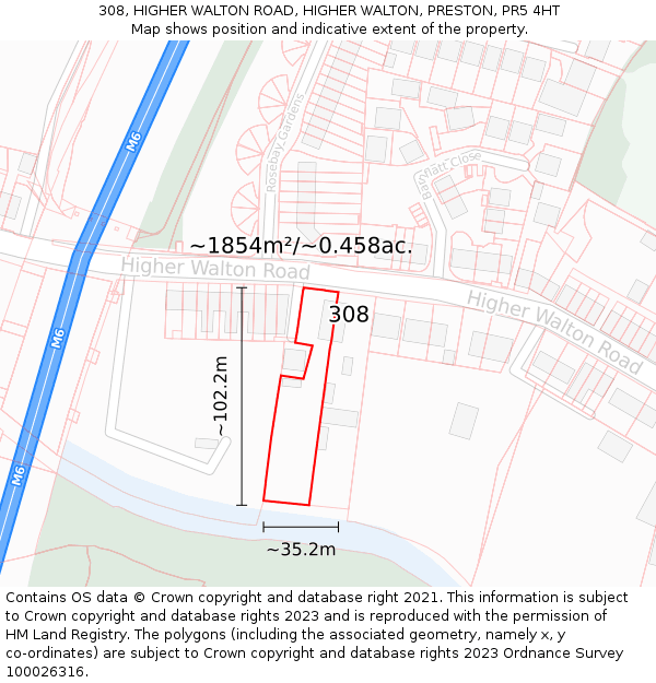 308, HIGHER WALTON ROAD, HIGHER WALTON, PRESTON, PR5 4HT: Plot and title map