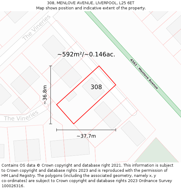 308, MENLOVE AVENUE, LIVERPOOL, L25 6ET: Plot and title map