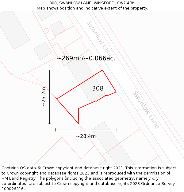 308, SWANLOW LANE, WINSFORD, CW7 4BN: Plot and title map