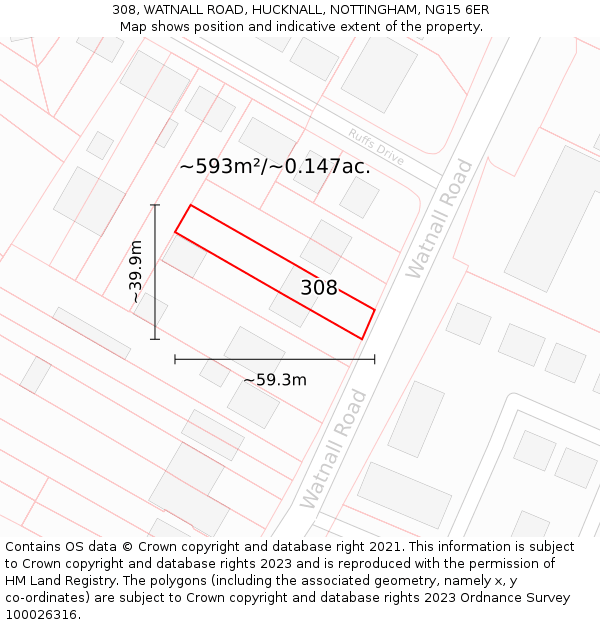 308, WATNALL ROAD, HUCKNALL, NOTTINGHAM, NG15 6ER: Plot and title map