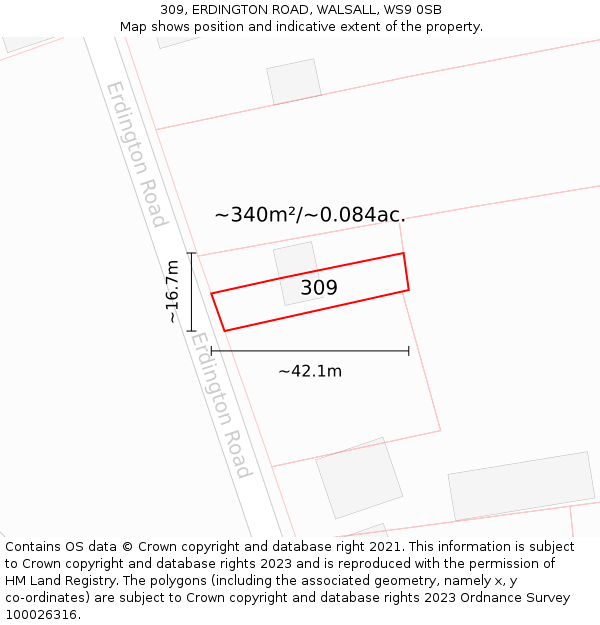 309, ERDINGTON ROAD, WALSALL, WS9 0SB: Plot and title map