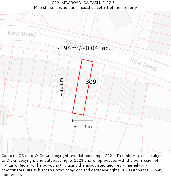 309, NEW ROAD, SALTASH, PL12 6HL: Plot and title map