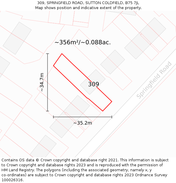 309, SPRINGFIELD ROAD, SUTTON COLDFIELD, B75 7JL: Plot and title map