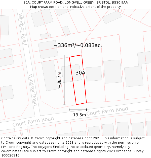 30A, COURT FARM ROAD, LONGWELL GREEN, BRISTOL, BS30 9AA: Plot and title map