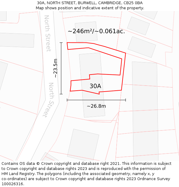 30A, NORTH STREET, BURWELL, CAMBRIDGE, CB25 0BA: Plot and title map
