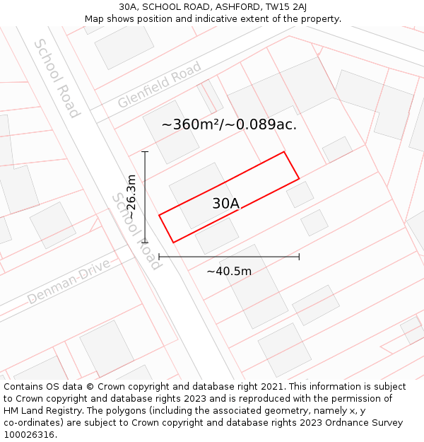 30A, SCHOOL ROAD, ASHFORD, TW15 2AJ: Plot and title map