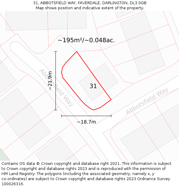 31, ABBOTSFIELD WAY, FAVERDALE, DARLINGTON, DL3 0GB: Plot and title map