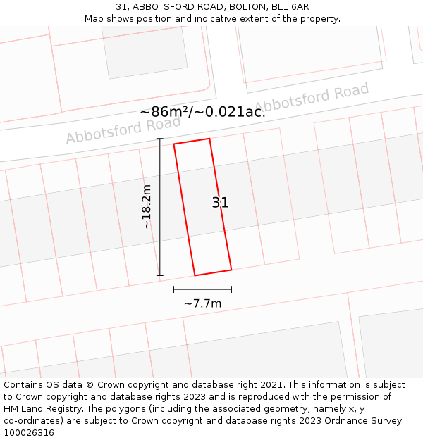 31, ABBOTSFORD ROAD, BOLTON, BL1 6AR: Plot and title map