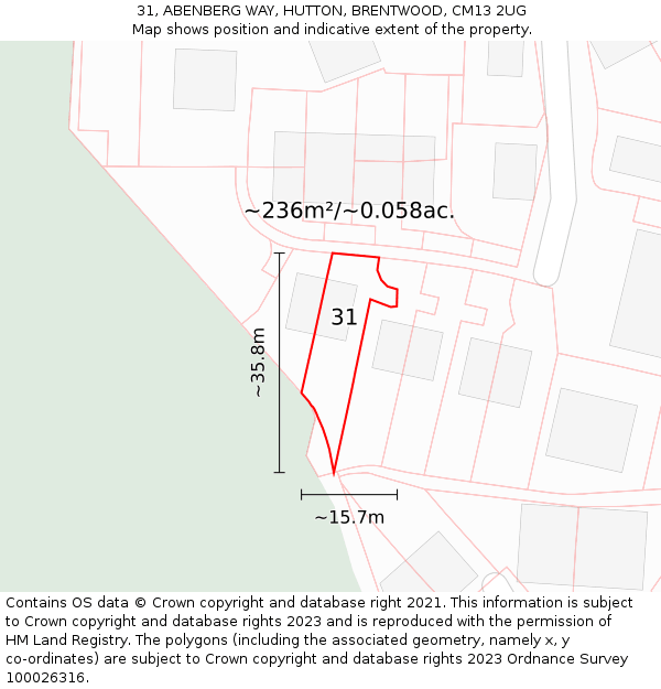 31, ABENBERG WAY, HUTTON, BRENTWOOD, CM13 2UG: Plot and title map