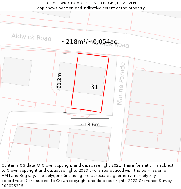 31, ALDWICK ROAD, BOGNOR REGIS, PO21 2LN: Plot and title map