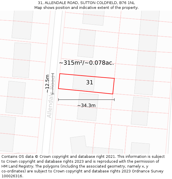 31, ALLENDALE ROAD, SUTTON COLDFIELD, B76 1NL: Plot and title map