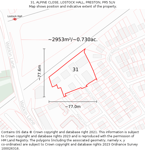 31, ALPINE CLOSE, LOSTOCK HALL, PRESTON, PR5 5LN: Plot and title map