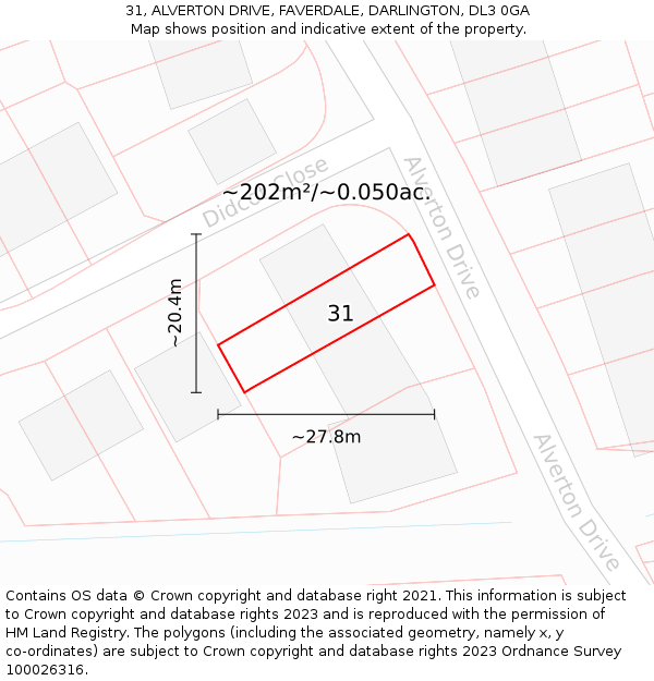 31, ALVERTON DRIVE, FAVERDALE, DARLINGTON, DL3 0GA: Plot and title map