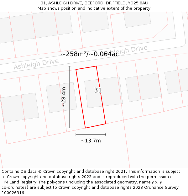 31, ASHLEIGH DRIVE, BEEFORD, DRIFFIELD, YO25 8AU: Plot and title map