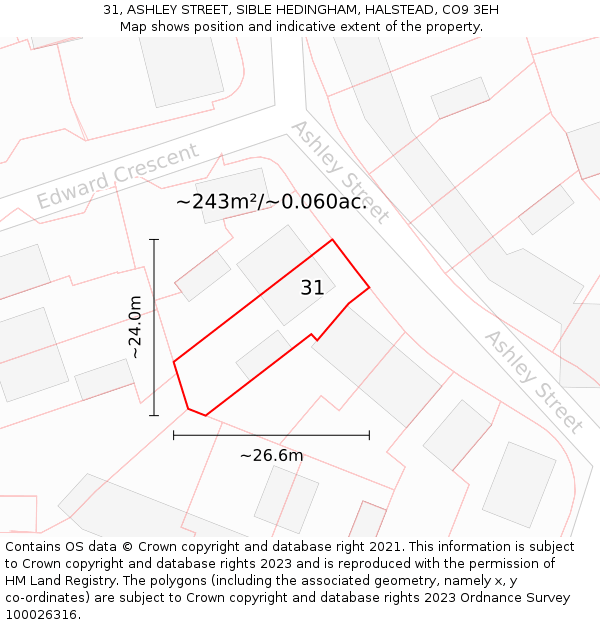 31, ASHLEY STREET, SIBLE HEDINGHAM, HALSTEAD, CO9 3EH: Plot and title map