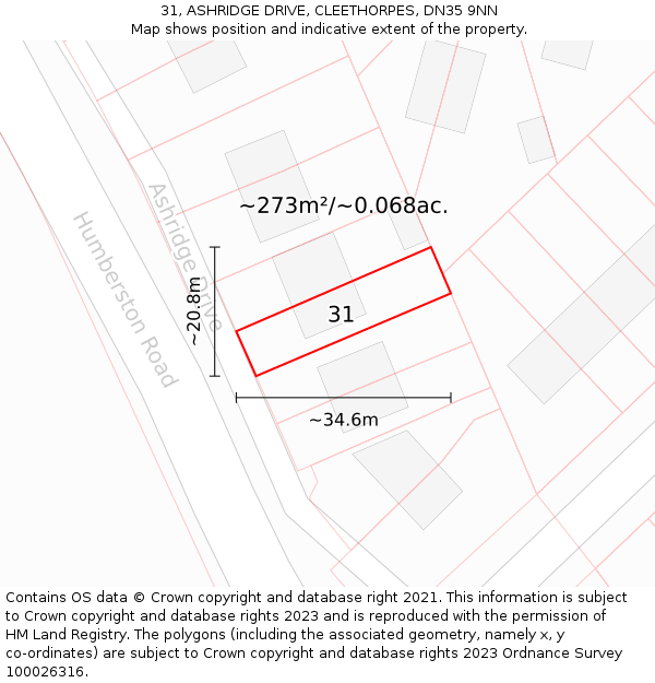 31, ASHRIDGE DRIVE, CLEETHORPES, DN35 9NN: Plot and title map