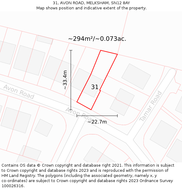 31, AVON ROAD, MELKSHAM, SN12 8AY: Plot and title map