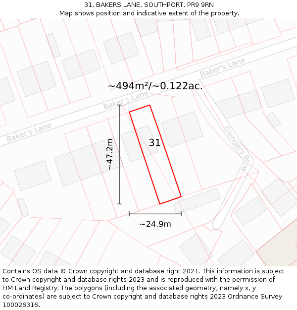 31, BAKERS LANE, SOUTHPORT, PR9 9RN: Plot and title map