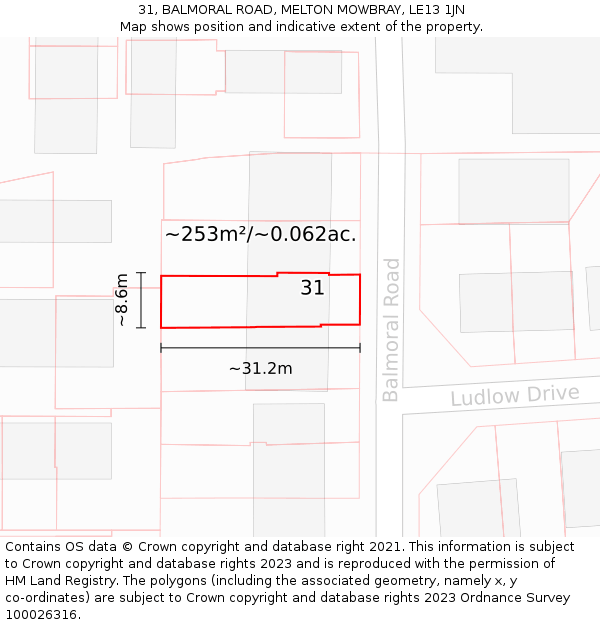 31, BALMORAL ROAD, MELTON MOWBRAY, LE13 1JN: Plot and title map