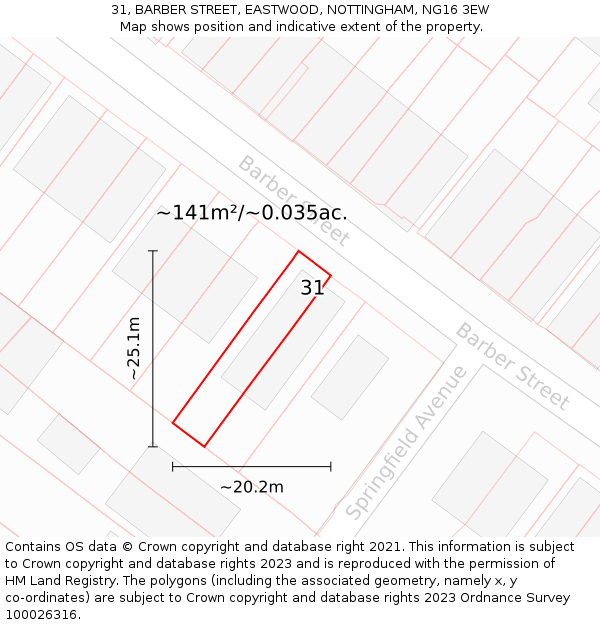 31, BARBER STREET, EASTWOOD, NOTTINGHAM, NG16 3EW: Plot and title map